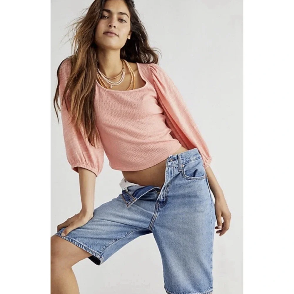Free People Women's Coral Pink Day Lily‎ Puff Sleeve Blouse Top Size Small $78